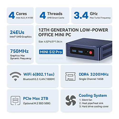 Beelink Mini S12 Pro Mini PC,12 Generation Intel N100 (Up to 3.4GHz) 4C/4T,Mini Computer 16GB DDR4 500GB PCle SSD,Micro PC 4K,Dual Display,WiFi6,BT4.2,LAN 1000Mbps,Low Power Mini Desktop Computer