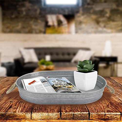 Farmhouse Galvanized Trays Farmhouse Decor 16.9"x12.2" Oval Trays with Handles Decorative Tray for Coffee Table Centerpieces Modern Farmhouse Home Decorations(Set of 2,Galvanized)