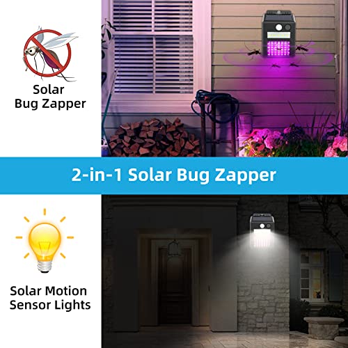 2-in-1 Solar Bug Zapper Outdoor, 2 Pack Solar Powered Mosquito Zapper with UV Light, Electric Insect Killer Fly Trap with Motion Sensor LED Lights for Outdoor Use