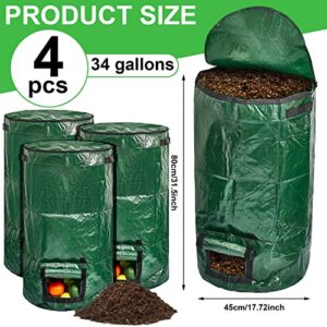 4 Pieces Compost Bin Bags Large 34 Gallon Reusable Yard Waste Bags Lawn Bags Heavy Duty Garden Bag Composting Bags Garbage Can Outdoor Container with Zipper Lid and Handles for Loading Leaf Trash