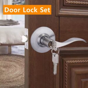 GOYUWEN Keyed Exterior Door Lever Lockset and Piglet Handle Anti-Collision, Door Knob with Lock, 6 Keys Satin Nickel(1 Pack Keyed Lever)