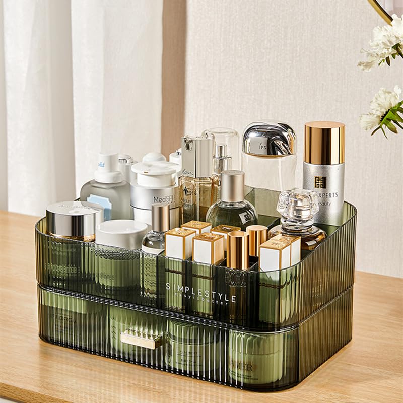 CESTATIVO Makeup Organizer with Stackable Drawer, Skincare Cosmetics Organizer, Bathroom Vanity Organizer and Storage, Large Capacity Organizer for Dresser Countertop, Clear Green