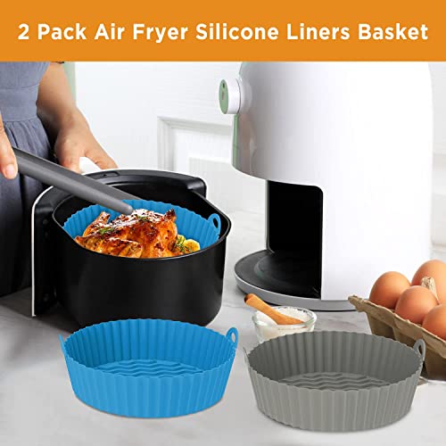 OUTXE Silicone Air Fryer Liners, 2-Pack Reusable Airfryer Basket Tray Accessories Round Compatible With Ninja Cosori Gourmia 5.8/6/7/8/9 qt (Blue+Gray)