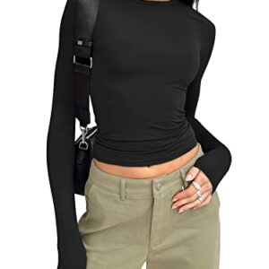 Trendy Queen Long Sleeve Shirts for Women Fall Clothes Fashion 2023 Going Out Tops Long Sleeve Crop Tops Sweaters Workout Basic Cute Y2K Shirts Winter Clothes Teen Girls Black