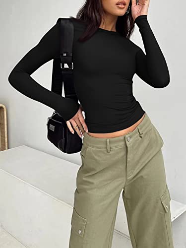 Trendy Queen Long Sleeve Shirts for Women Fall Clothes Fashion 2023 Going Out Tops Long Sleeve Crop Tops Sweaters Workout Basic Cute Y2K Shirts Winter Clothes Teen Girls Black