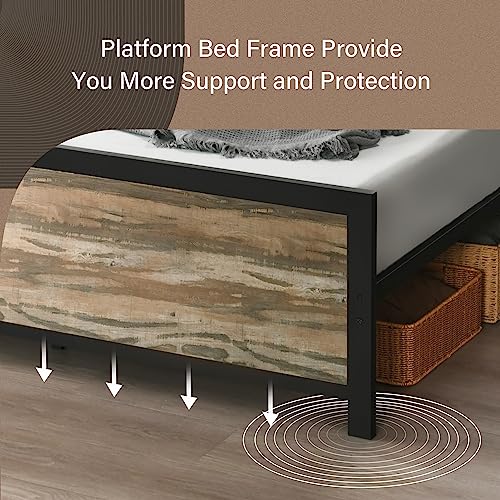 Catrimown Queen Size Bed Frame with Wooden Headboard and Footboard, Queen Platform Bed with Storage, Wooden Metal Bed Frame, Strong Slat Support/No Box Spring Needed/Easy Assembly, Industrial Brown
