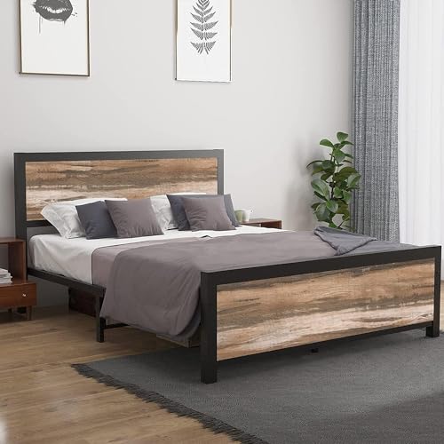 Catrimown Queen Size Bed Frame with Wooden Headboard and Footboard, Queen Platform Bed with Storage, Wooden Metal Bed Frame, Strong Slat Support/No Box Spring Needed/Easy Assembly, Industrial Brown