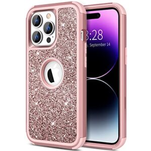 hython for iphone 14 pro case, heavy duty full-body defender protective phone cases glitter bling sparkle hard shell hybrid shockproof/drop proof 3-layer military rubber bumper cover women, rose gold