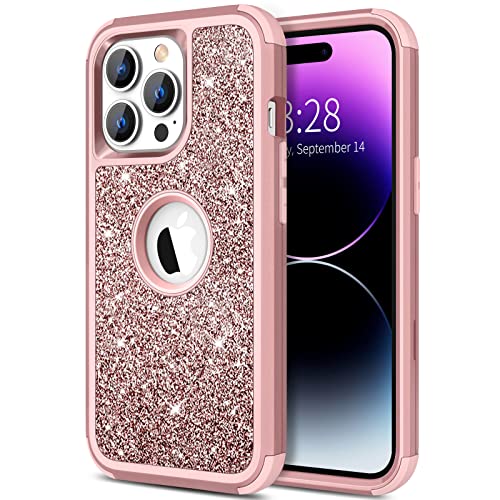 Hython for iPhone 14 Pro Case, Heavy Duty Full-Body Defender Protective Phone Cases Glitter Bling Sparkle Hard Shell Hybrid Shockproof/Drop Proof 3-Layer Military Rubber Bumper Cover Women, Rose Gold