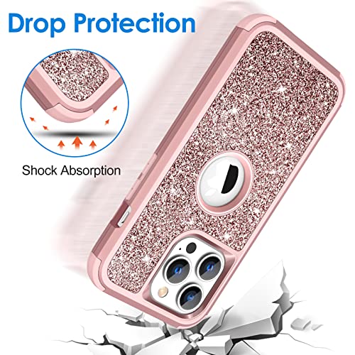 Hython for iPhone 14 Pro Case, Heavy Duty Full-Body Defender Protective Phone Cases Glitter Bling Sparkle Hard Shell Hybrid Shockproof/Drop Proof 3-Layer Military Rubber Bumper Cover Women, Rose Gold