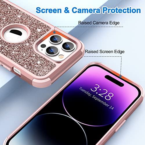 Hython for iPhone 14 Pro Case, Heavy Duty Full-Body Defender Protective Phone Cases Glitter Bling Sparkle Hard Shell Hybrid Shockproof/Drop Proof 3-Layer Military Rubber Bumper Cover Women, Rose Gold