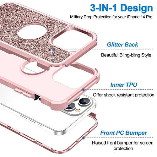 Hython for iPhone 14 Pro Case, Heavy Duty Full-Body Defender Protective Phone Cases Glitter Bling Sparkle Hard Shell Hybrid Shockproof/Drop Proof 3-Layer Military Rubber Bumper Cover Women, Rose Gold