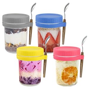 overnight oats containers with lids and spoons,4 pack 10 oz overnight oats jars,mason jars with measurement marks for yogurt milk cereal fruit vegetable and salad storage container(pink blue yellow gray)