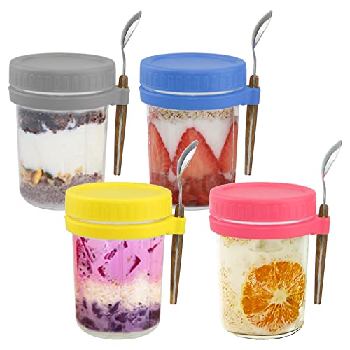 Overnight Oats Containers with Lids and Spoons,4 Pack 10 oz Overnight Oats Jars,Mason Jars with Measurement Marks for yogurt Milk Cereal Fruit Vegetable and Salad Storage Container(Pink Blue Yellow Gray)