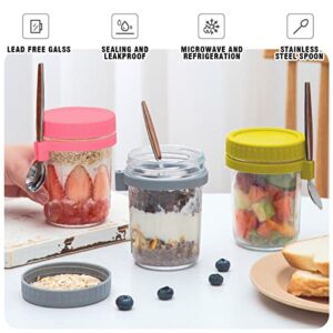 Overnight Oats Containers with Lids and Spoons,4 Pack 10 oz Overnight Oats Jars,Mason Jars with Measurement Marks for yogurt Milk Cereal Fruit Vegetable and Salad Storage Container(Pink Blue Yellow Gray)