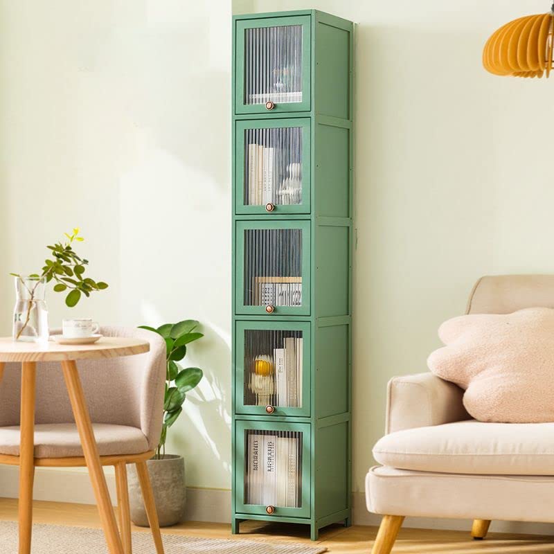 CraftThink Tall Storage Cabinet, Mid-Century Modern Accent Cabinet Rectangle Straight Legs Kitchen Pantry Cabinet with Glass Doors and Shelves for Home Office, Green, 16" L x 12.5" W x 68" H