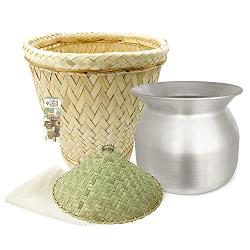 PANWA Sticky Rice Cooking Set Aluminum Cook Pot Standard Diameter (22 cm), Thai Bamboo Village Vintage Steamer Basket 9 Inch Diameter with 24’’ Round Reusable Cheesecloth and Wicker Lid