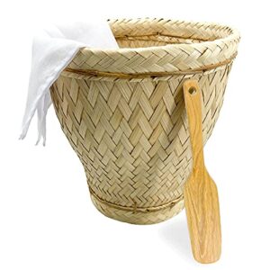 PANWA Sticky Rice Cooking Set Aluminum Cook Pot Standard Diameter (22 cm), Thai Bamboo Village Vintage Steamer Basket 9 Inch Diameter with 24’’ Round Reusable Cheesecloth and Wicker Lid