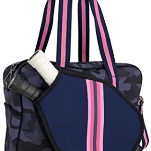 Queen of the Court Pickleball Bag, Pickleball Bag with Fence Hook, Pickle Ball Bag for Women, Cute Pickleball Bag (Navy Camo with Pink Stripe)