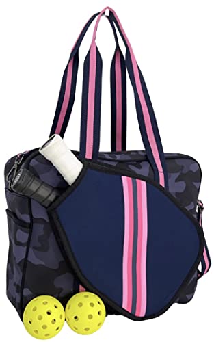 Queen of the Court Pickleball Bag, Pickleball Bag with Fence Hook, Pickle Ball Bag for Women, Cute Pickleball Bag (Navy Camo with Pink Stripe)