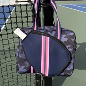 Queen of the Court Pickleball Bag, Pickleball Bag with Fence Hook, Pickle Ball Bag for Women, Cute Pickleball Bag (Navy Camo with Pink Stripe)