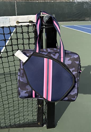 Queen of the Court Pickleball Bag, Pickleball Bag with Fence Hook, Pickle Ball Bag for Women, Cute Pickleball Bag (Navy Camo with Pink Stripe)