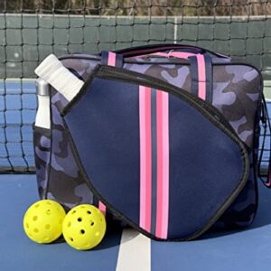 Queen of the Court Pickleball Bag, Pickleball Bag with Fence Hook, Pickle Ball Bag for Women, Cute Pickleball Bag (Navy Camo with Pink Stripe)