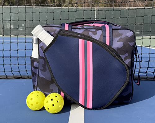 Queen of the Court Pickleball Bag, Pickleball Bag with Fence Hook, Pickle Ball Bag for Women, Cute Pickleball Bag (Navy Camo with Pink Stripe)