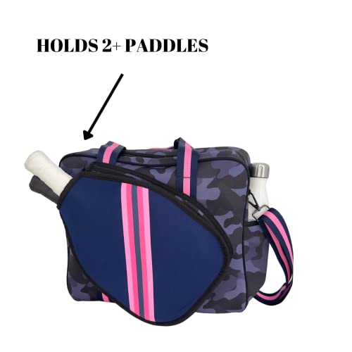 Queen of the Court Pickleball Bag, Pickleball Bag with Fence Hook, Pickle Ball Bag for Women, Cute Pickleball Bag (Navy Camo with Pink Stripe)