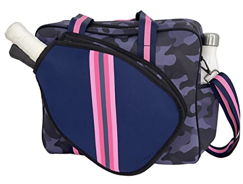 Queen of the Court Pickleball Bag, Pickleball Bag with Fence Hook, Pickle Ball Bag for Women, Cute Pickleball Bag (Navy Camo with Pink Stripe)