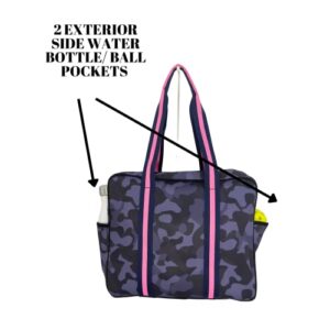 Queen of the Court Pickleball Bag, Pickleball Bag with Fence Hook, Pickle Ball Bag for Women, Cute Pickleball Bag (Navy Camo with Pink Stripe)