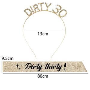 "Dirty Thirty" Sash & Rhinestone Headband Set - Thirty Birthday Sash - 30th Birthday Gifts Birthday Sash for Women Birthday Party Supplies (Gold Glitter/Black) - Sash for Birthday Parties