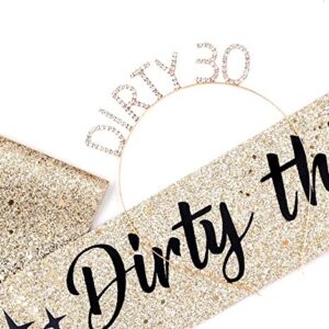 "Dirty Thirty" Sash & Rhinestone Headband Set - Thirty Birthday Sash - 30th Birthday Gifts Birthday Sash for Women Birthday Party Supplies (Gold Glitter/Black) - Sash for Birthday Parties