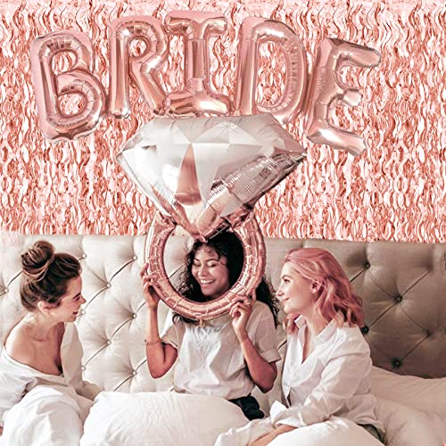 Wavy Tinsel Foil Fringe Curtains and 16 inch Bride Balloons Photo Backdrop for Bachelorette Party Decorations Bridal Shower Decorations(2 Pack 3.2 ft x 6.6 ft Rose Gold)