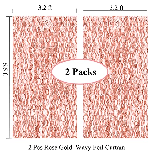 Wavy Tinsel Foil Fringe Curtains and 16 inch Bride Balloons Photo Backdrop for Bachelorette Party Decorations Bridal Shower Decorations(2 Pack 3.2 ft x 6.6 ft Rose Gold)