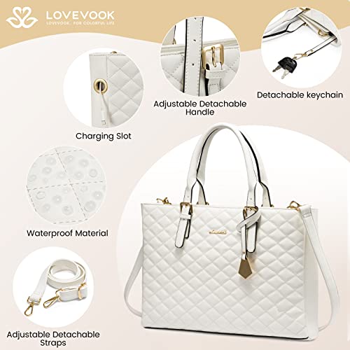 LOVEVOOK Laptop Bag for Women, Work Tote Bag Quilted Leather Computer Shoulder Bag, 15.6 inch Laptop Tote Purse Set, Waterproof Business Briefcase Handbag 2 PCS for Office,Teacher Beige