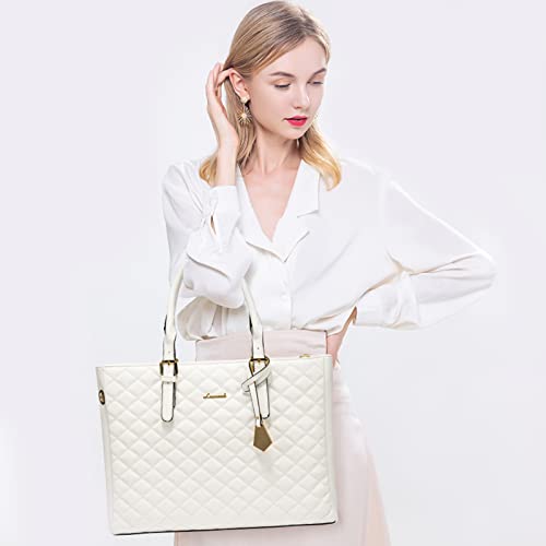 LOVEVOOK Laptop Bag for Women, Work Tote Bag Quilted Leather Computer Shoulder Bag, 15.6 inch Laptop Tote Purse Set, Waterproof Business Briefcase Handbag 2 PCS for Office,Teacher Beige