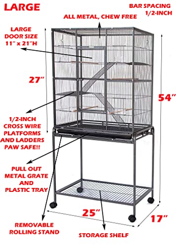 54" Large Deluxe and Sturdy Wrought Iron 4-Tiers Tight 1/2-inch Bar Spacing for Ferret Chinchilla Sugar Glider Mice Rat Cage with Detachable Rolling Stand (BlackVein, 54")