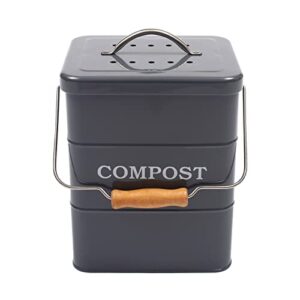 compost bin kitchen countertop indoor compost pail bucket, great for food scraps, carbon steel, handles, gray, 1 gallon - includes charcoal filter