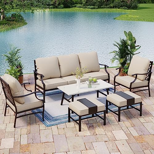 MIXPATIO Patio Furniture Set for 7 Person, 6 Pieces Outdoor Conversation Set, 3-Seat Sofa, 2 Single Chairs, 2 Ottoman, Metal Coffee Table with Marbling for Patio Lawn Garden Backyard Poolside