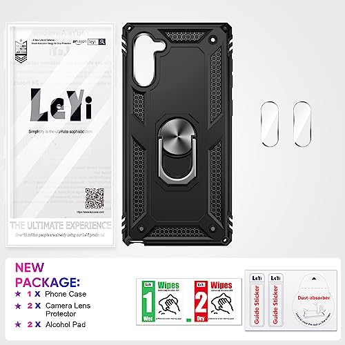 LeYi for Samsung Note 10 Case: Galaxy Note 10 Phone Case with [2 Pack] Camera Lens Protector, Military-Grade Shockproof Protective Case with Metal Ring Kickstand for Samsung Note 10, Black
