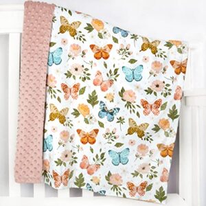 Floral Baby Blanket for Girls Soft Comfy Minky Toddler Blanket with Double Layer Dotted Backing, Beauty Butterfly Printed Bed Blanket for Nursery Crib Decor 30 x 40 Inch(75 x 100 cm)