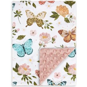 floral baby blanket for girls soft comfy minky toddler blanket with double layer dotted backing, beauty butterfly printed bed blanket for nursery crib decor 30 x 40 inch(75 x 100 cm)