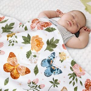 Floral Baby Blanket for Girls Soft Comfy Minky Toddler Blanket with Double Layer Dotted Backing, Beauty Butterfly Printed Bed Blanket for Nursery Crib Decor 30 x 40 Inch(75 x 100 cm)