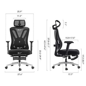 Hbada Ergonomic Office Chair, Desk Chair with Adjustable Lumbar Support and Height, Comfortable Mesh Computer Chair with Footrest 2D Headrest, Swivel Tilt Function Black