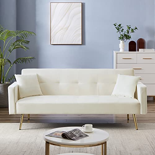 Sofa Couch Futon Sleeper Sofa with Adjustable Back, Velvet Loveseat Sofa with Metal Legs for Living Room, Bedroom, Small Space (White)