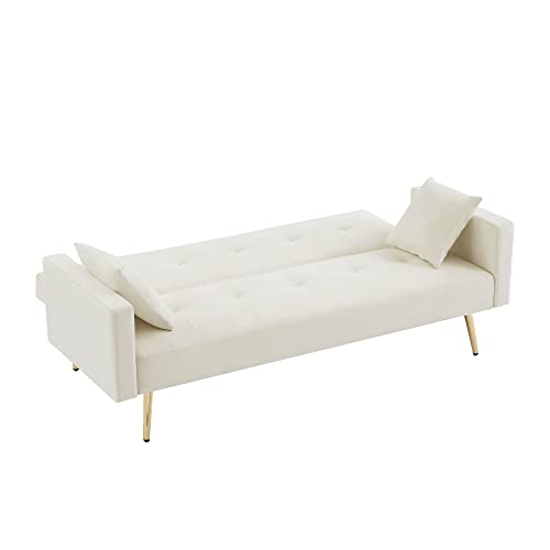 Sofa Couch Futon Sleeper Sofa with Adjustable Back, Velvet Loveseat Sofa with Metal Legs for Living Room, Bedroom, Small Space (White)