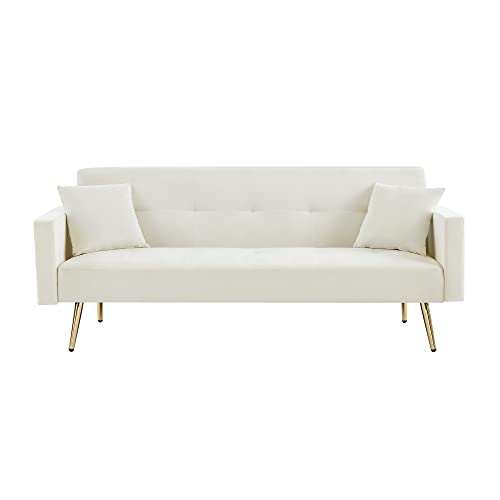 Sofa Couch Futon Sleeper Sofa with Adjustable Back, Velvet Loveseat Sofa with Metal Legs for Living Room, Bedroom, Small Space (White)