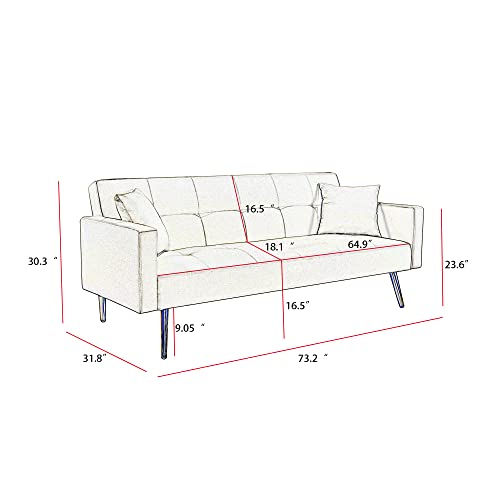 Sofa Couch Futon Sleeper Sofa with Adjustable Back, Velvet Loveseat Sofa with Metal Legs for Living Room, Bedroom, Small Space (White)