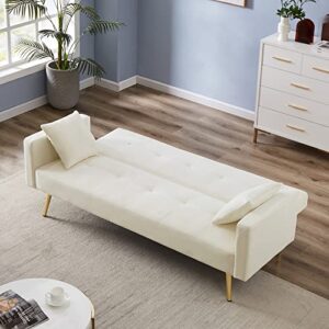 Sofa Couch Futon Sleeper Sofa with Adjustable Back, Velvet Loveseat Sofa with Metal Legs for Living Room, Bedroom, Small Space (White)